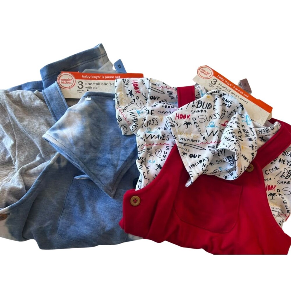 Wonder Nation Baby Boy 3 piece set 12M and 24M Shortall t shirt Bundle of 2 New